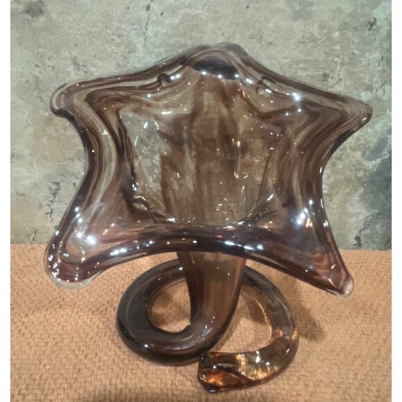 Handblown Swirled Glass Starfish Vase Smoky Amber Brown Spiral Base MCM - Picture 1 of 8